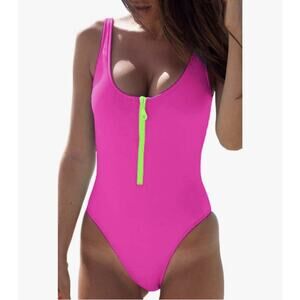 Women Sexy Zipper Front Low Back High Cut One Piece Swimsuit Size S